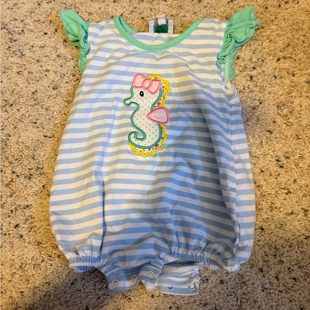 Striped Blue and White Kids Bodysuit with Seahorse Design